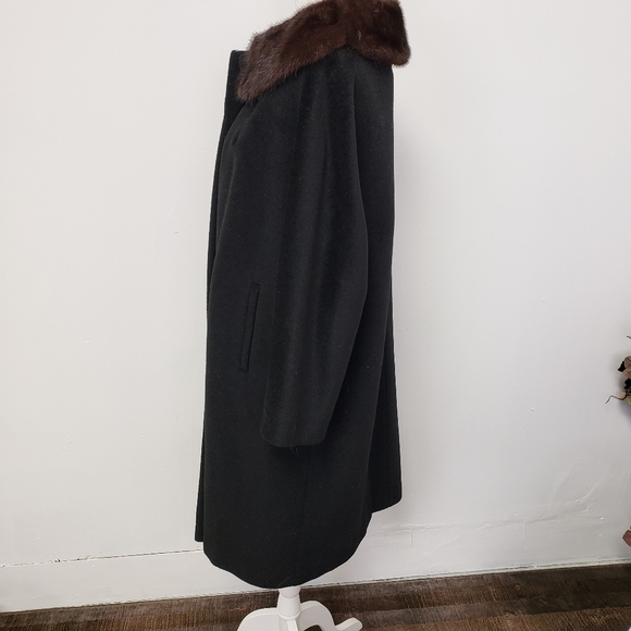 Vtg Townly Wool Dress Coat Mink Fur Collar Black L Satin Lined EUC Mid Century - Picture 10 of 16